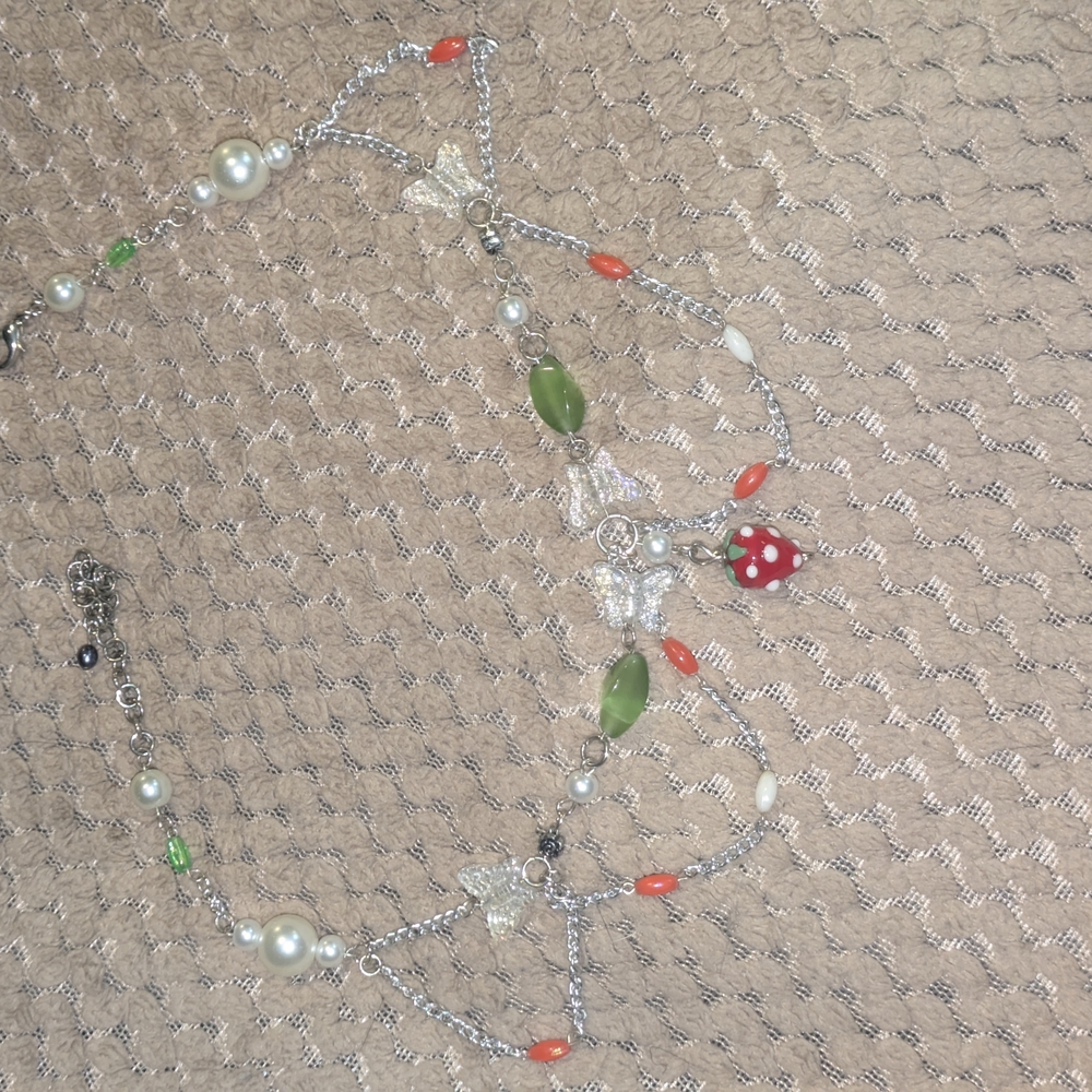 3/$15 Whimsical Silver and Green Necklace with Red Accents